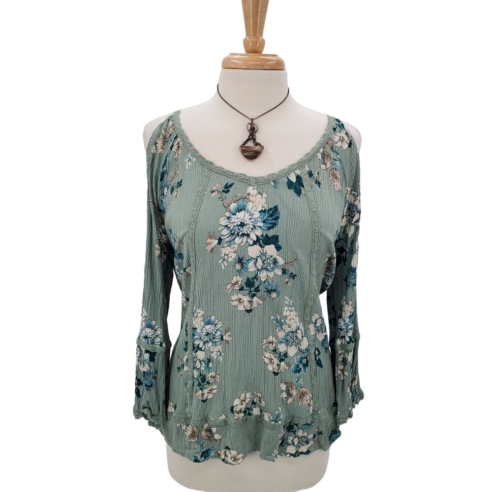 Sage Green Boho Floral Cold‎ Shoulder Tunic Top Womens M Scoop Neck Flowy